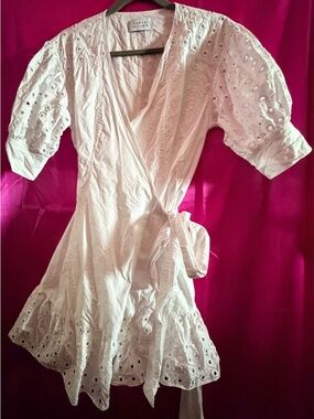 Tanya Taylor White Eyelet Wrap Mini Dress